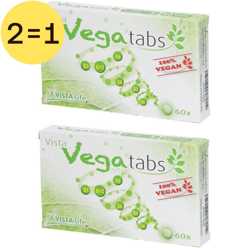 Twee dozen Vista Vega tabs. Opschrift '2=1'. Op elke doos: 'Vista Vega tabs', '100% Vegan', '60x'.