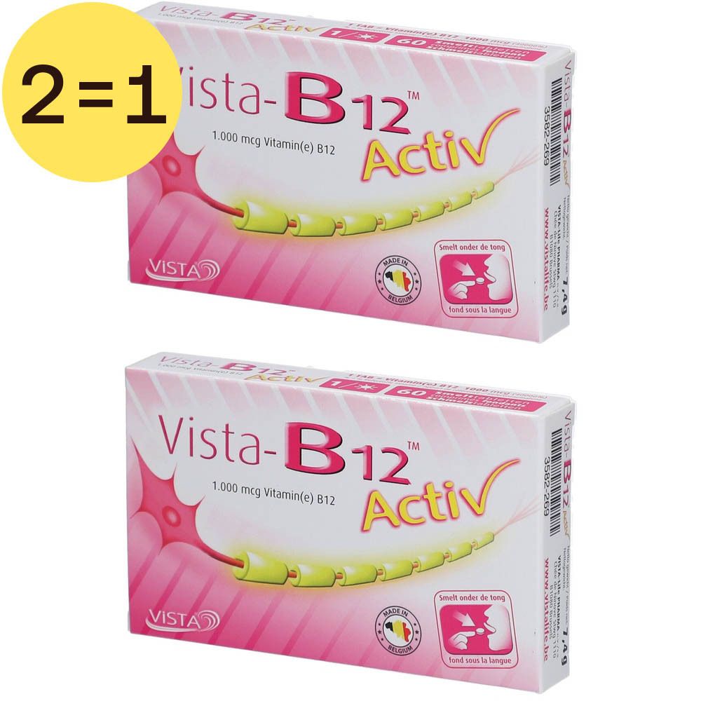 Deux boîtes de Vista B-12 Activ. Emballage rose avec nom et logo du produit. Contient 1 000 mcg de vitamine B12. Offre 2=1.