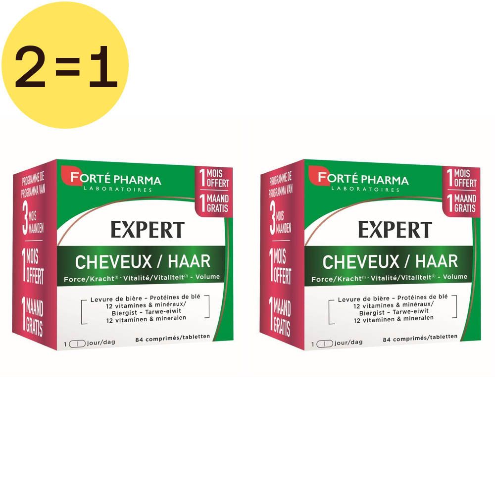 Twee dozen Forté Pharma Expert Cheveux/Haar. Opschrift: Expert, Cheveux/Haar, 1 maand gratis. 2=1 aanbieding.