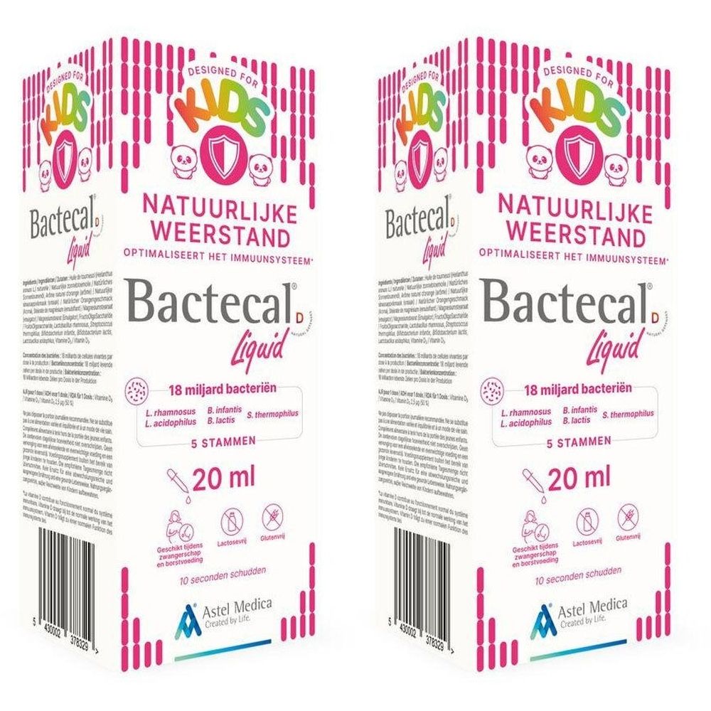 Deux boîtes de Bactecal® D Liquid Kids. Emballage blanc avec accents roses. Texte: „Natuurlijke Weerstand“, „18 miljard bacteriën“, „20 ml“.