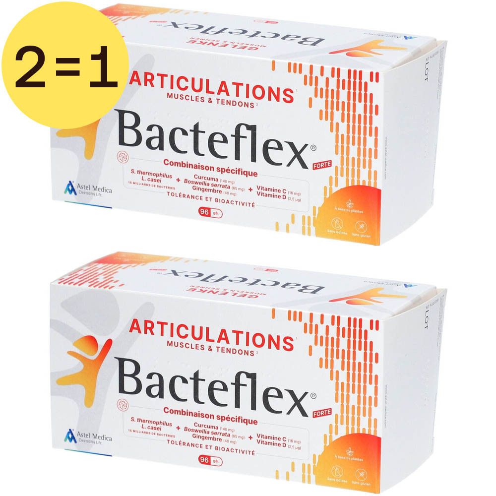 Deux boîtes de Bacteflex® Forte. Inscription: Articulations, Bacteflex®, 2=1. Contient S. thermophilus, Curcuma, Boswellia serrata, Gingembre, Vitamine C, Vitamine D.