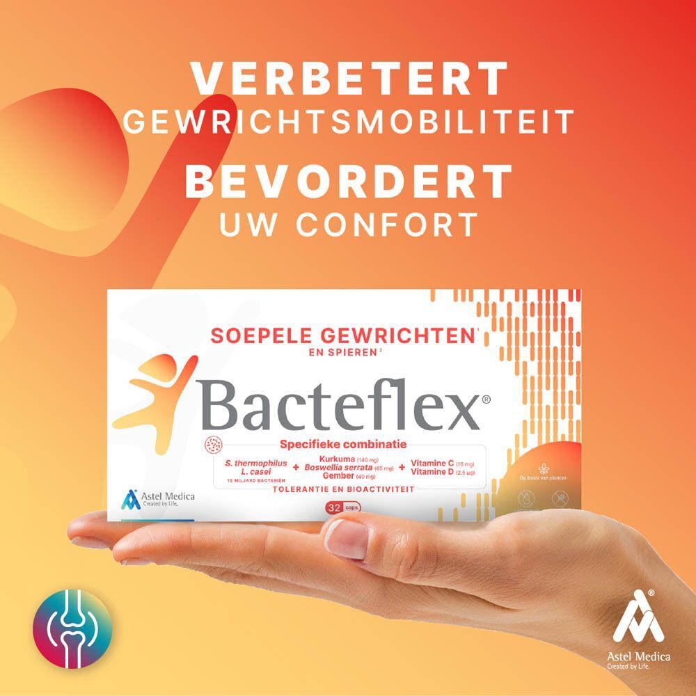 Bacteflex® op een houten standaard. "Ideale oplossing voor uw gewrichten" staat geschreven.