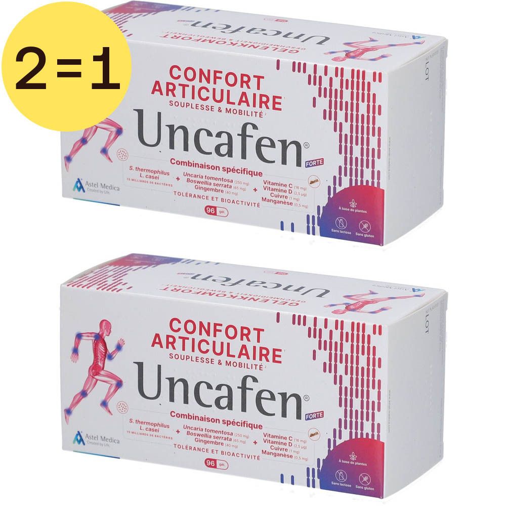 Twee verpakkingen Uncafen Forte. Opschrift: Confort Articulaire, Souplesse & Mobilité. Bevat Vitamine C, D, Mangaan. 2=1 aanbieding.