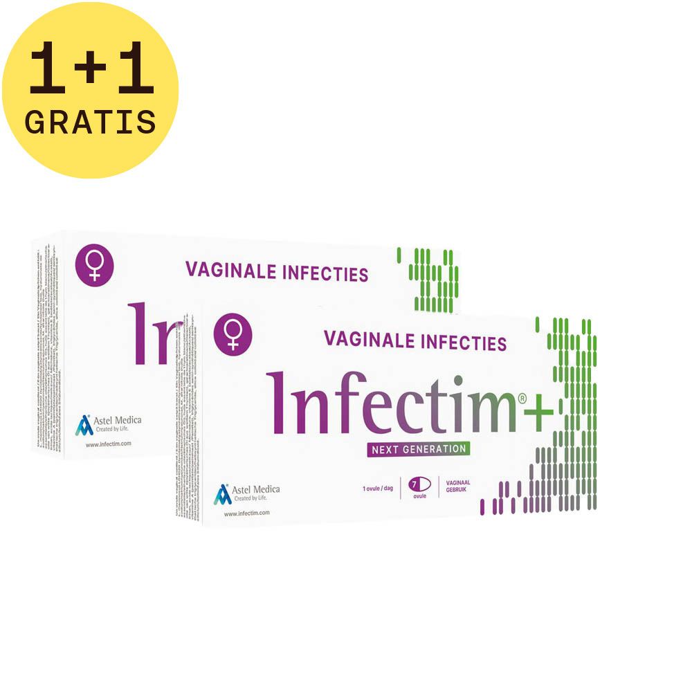 Twee dozen Infectim+ met 'Vaginale infecties'. Sticker '1+1 Gratis'. Astel Medica logo. Groen-wit.