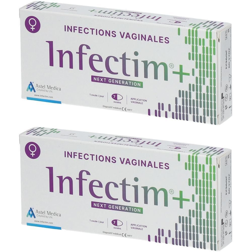 Twee dozen Infectim+ met 'Vaginale infecties'. Astel Medica logo. Groen-witte verpakking.