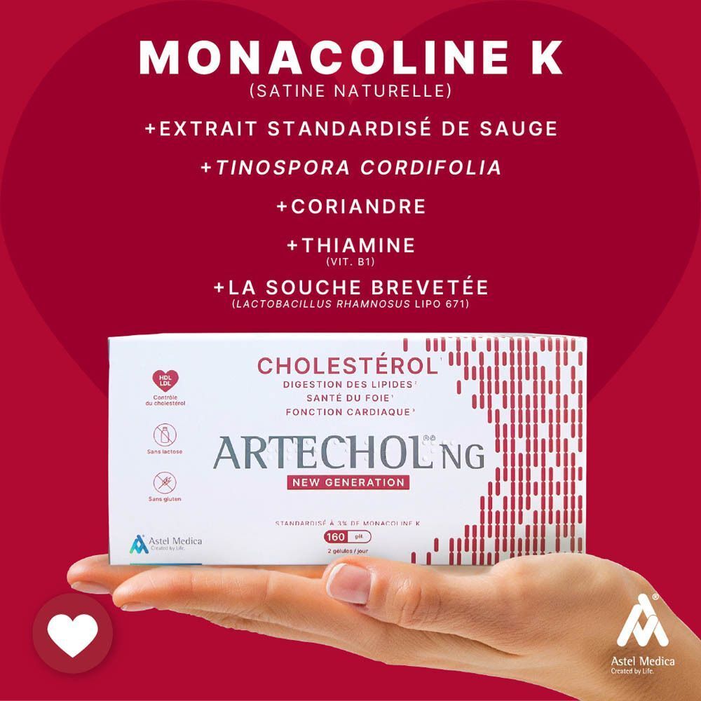 Artechol® NG. Inscription : Monacoline K, +extrait standardisé de sauge, +Tinospora cordifolia, +Coriandre, +Thiamine.