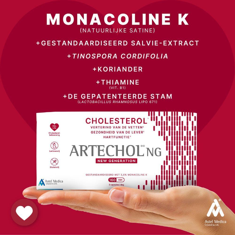 Artechol® NG. Opschrift: Monacoline K, +gestandaardiseerd salie-extract, +Tinospora cordifolia, +Koriander, +Thiamine.