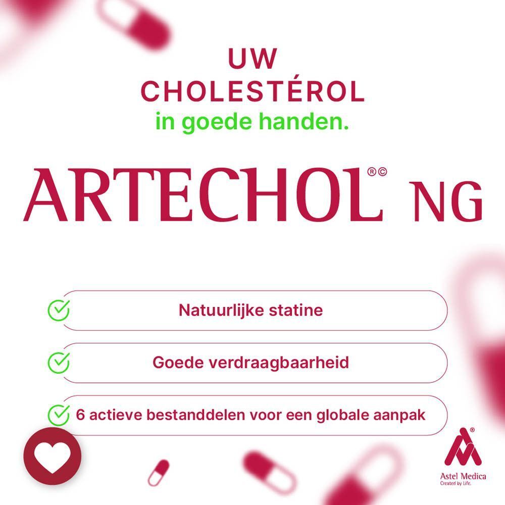Artechol® NG. Opschrift: Natuurlijke statine, Goede verdraagbaarheid, 6 actieve bestanddelen voor een globale aanpak. Astel Medica logo.