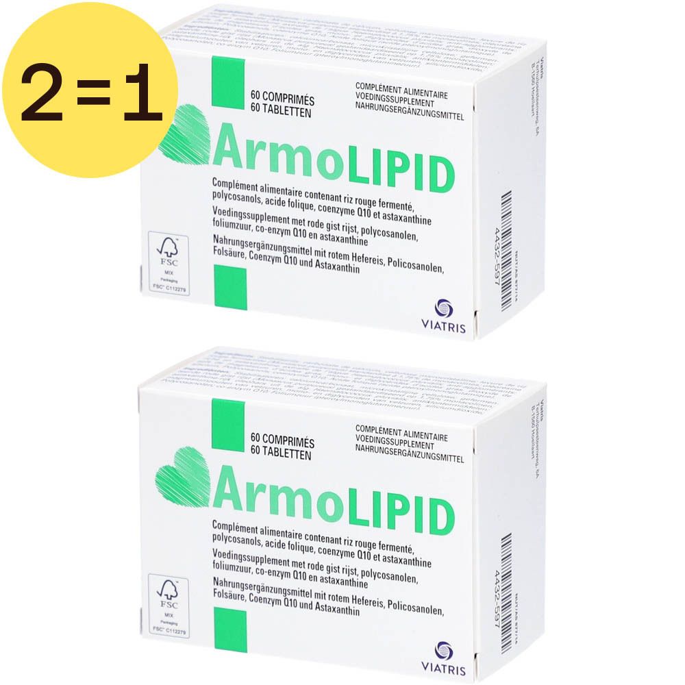 Twee dozen ArmoLIPID. Opschrift: 60 tabletten. FSC-certificering. Viatris-logo. Gele cirkel met "2=1". 