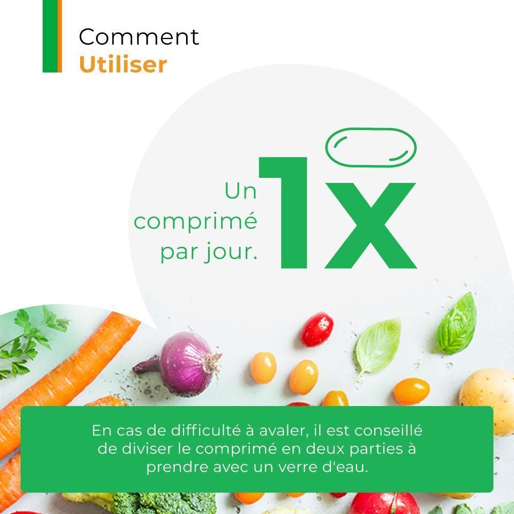 Illustration : Un comprimé, 1x. Texte : Un comprimé par jour. En cas de difficulté, diviser et prendre avec de l'eau.