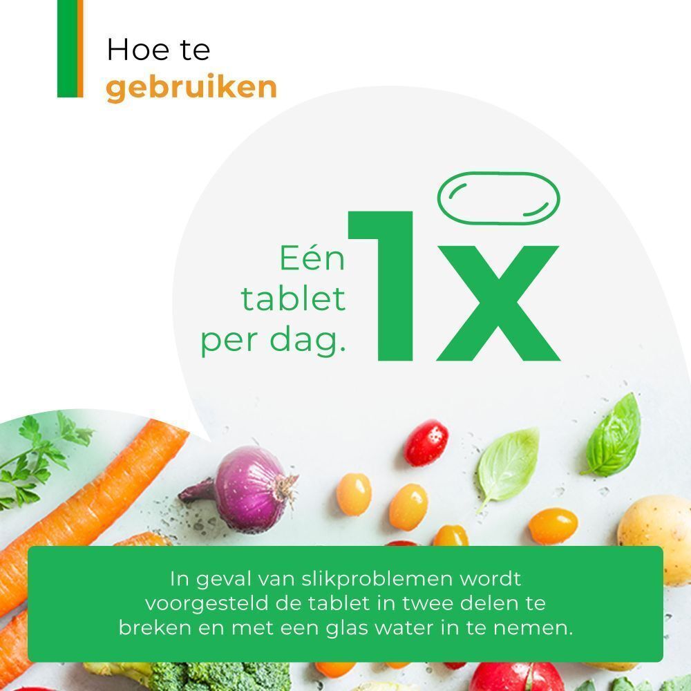 Illustratie: Eén tablet, 1x. Tekst: Eén tablet per dag. Bij slikproblemen in twee delen delen en met water innemen.