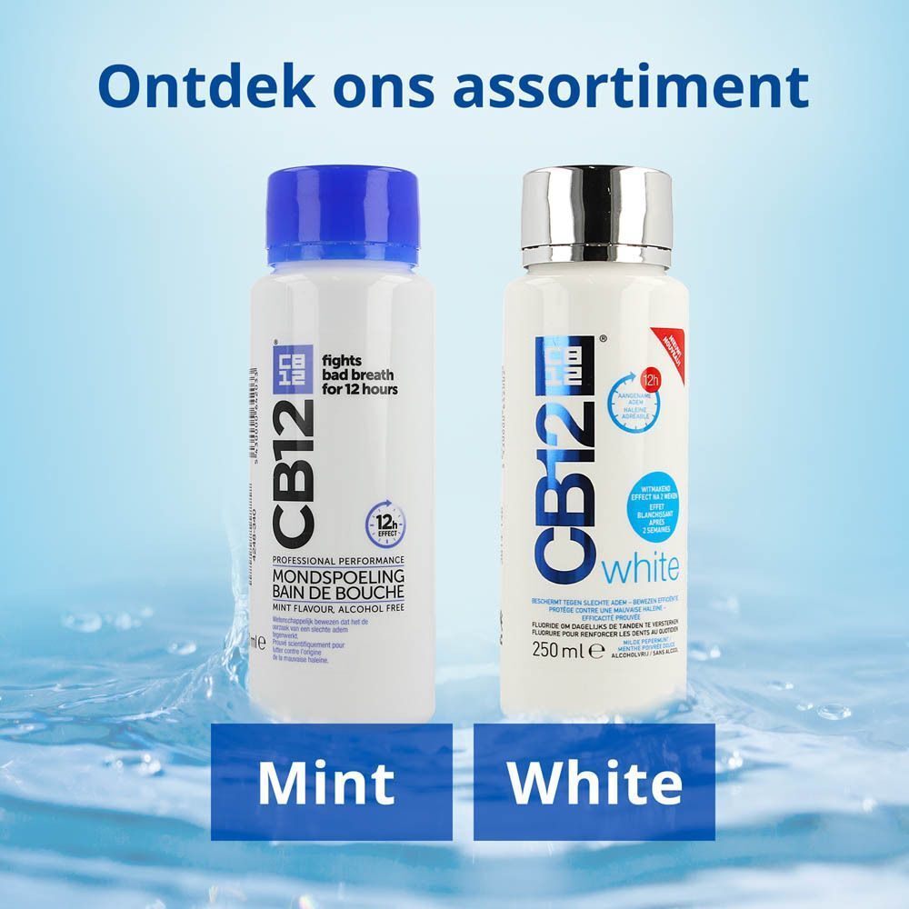Twee flessen mondspoeling. Links: Mint. Rechts: White. Tekst: Ontdek ons assortiment.