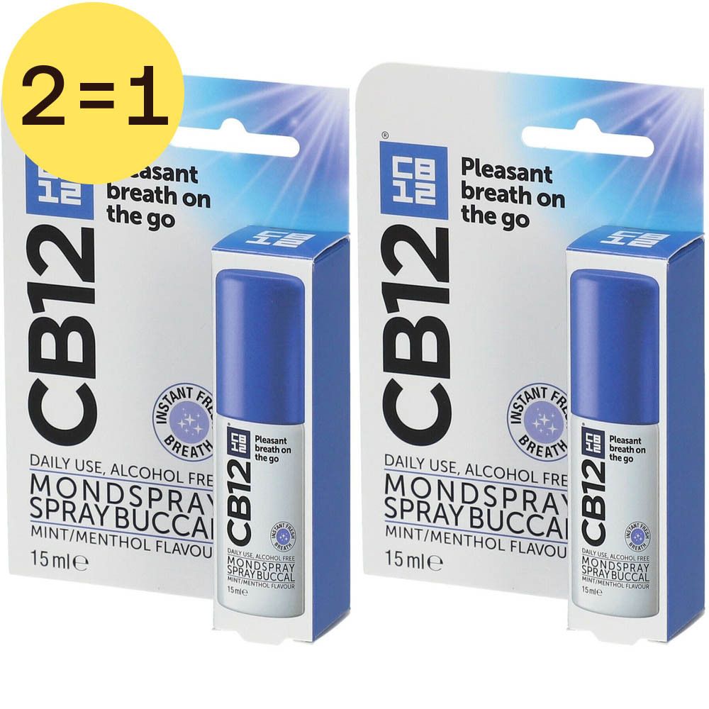 Twee verpakkingen CB12 mondspray. Blauwe flacons in wit-blauwe verpakking. Opschrift: 2=1, CB12, mondspray buccal, 15 ml.