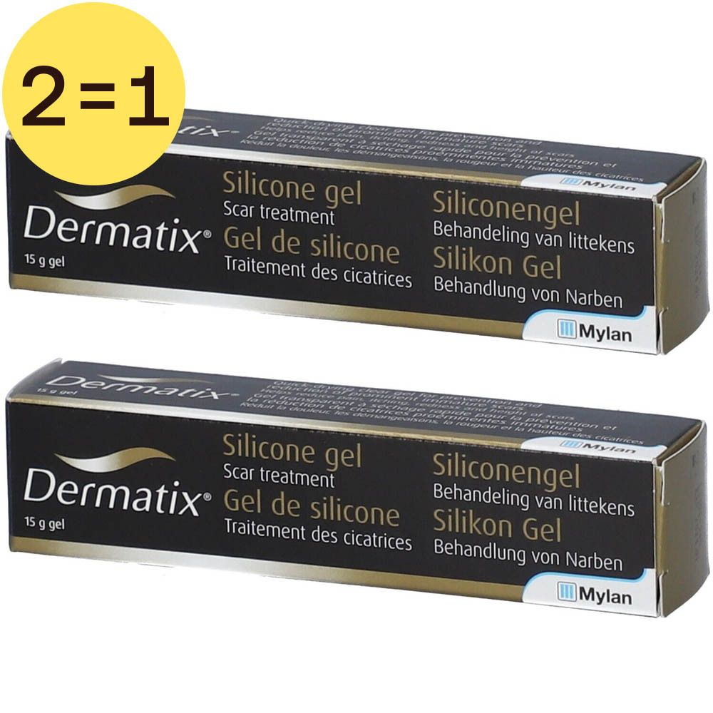 Twee verpakkingen Dermatix Gel De Silicone. Zwarte dozen met witte tekst. Opschrift: Silicone gel, behandeling van littekens.