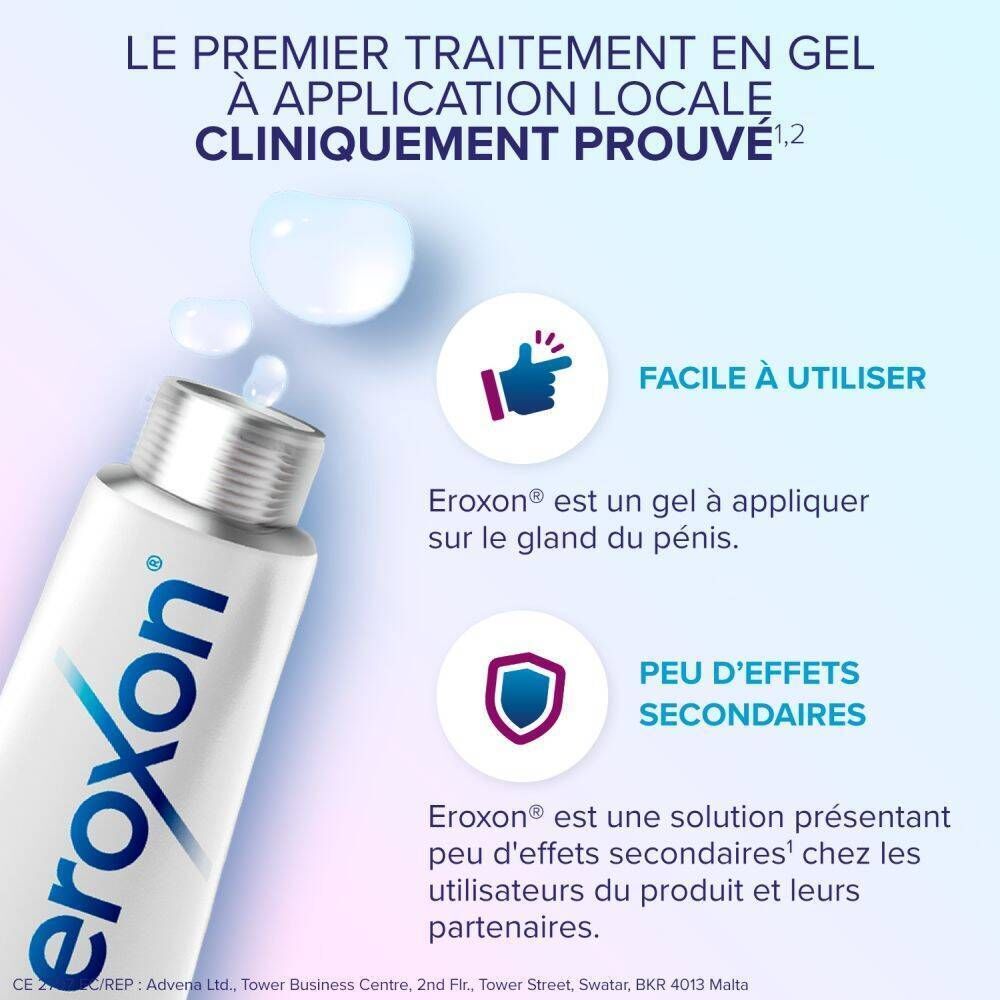 Tube d'Eroxon® Stimgel. Applicateur de gel avec nom du produit. Texte sur l'utilisation et les avantages du gel.