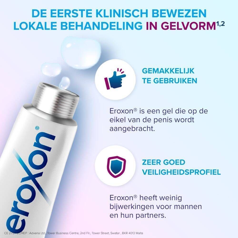 Man met hand op hoofd, naast een Eroxon® Stimgel verpakking. Tekst over erectieproblemen en het product.