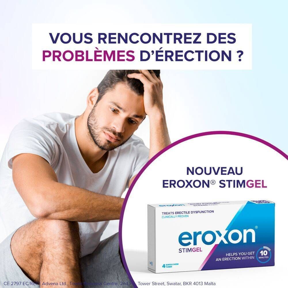 Homme avec la main sur la tête, à côté d'un emballage d'Eroxon® Stimgel. Texte sur les problèmes d'érection et le produit.