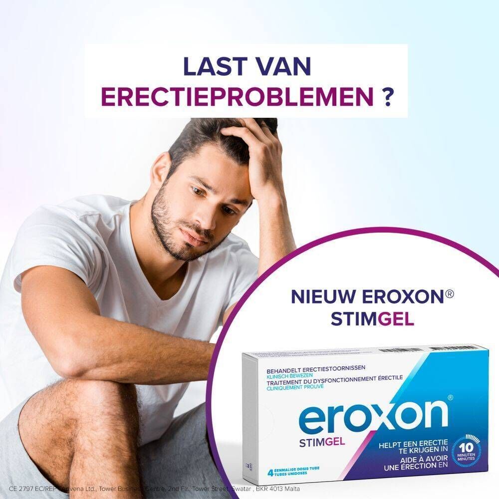 Koppel, man en vrouw, omarmend. Tekst over erecties en het product Eroxon® Stimgel.
