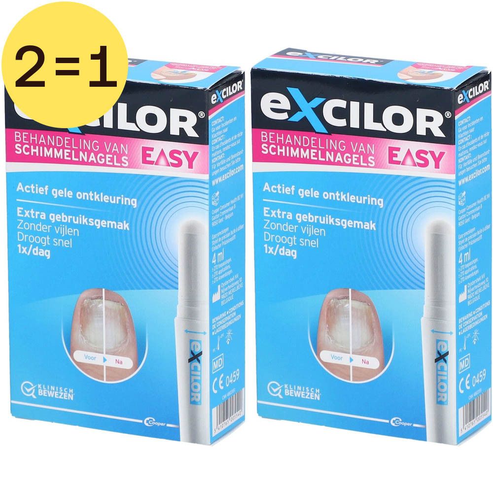 Twee verpakkingen met applicator. Tekst: "Excilor Easy".