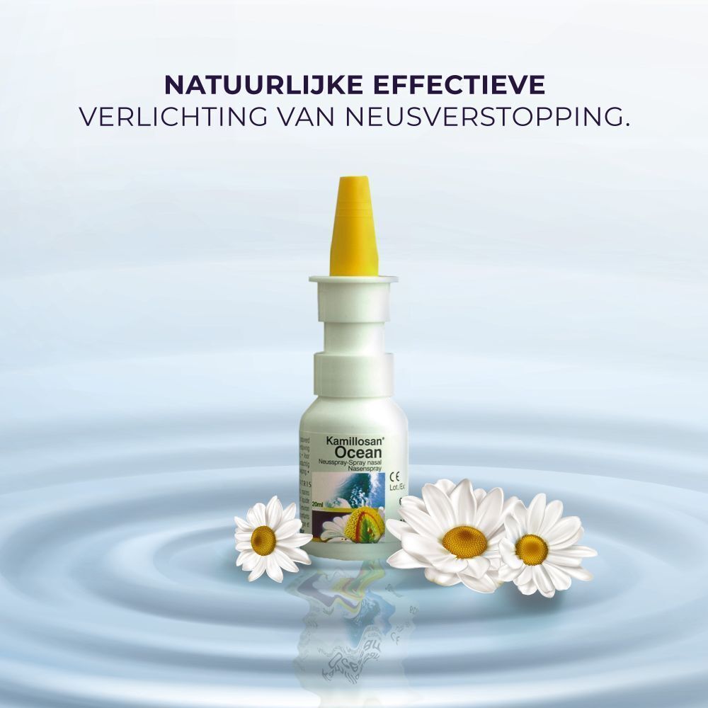 Kamillosan Ocean neusspray en verpakking. Product naast tekst. Tekst: Kamillosan Ocean, 20 ml.