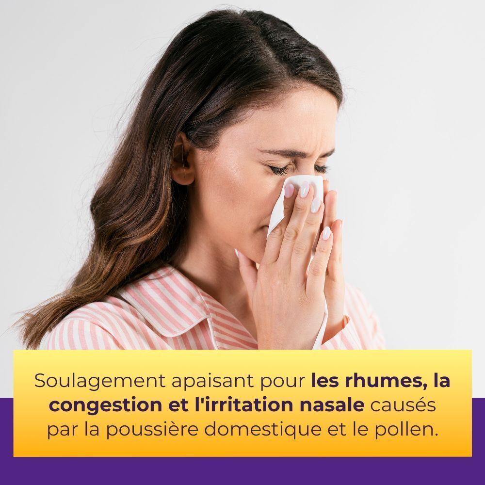Femme se mouche avec un mouchoir. Texte: Soulagement pour les rhumes.