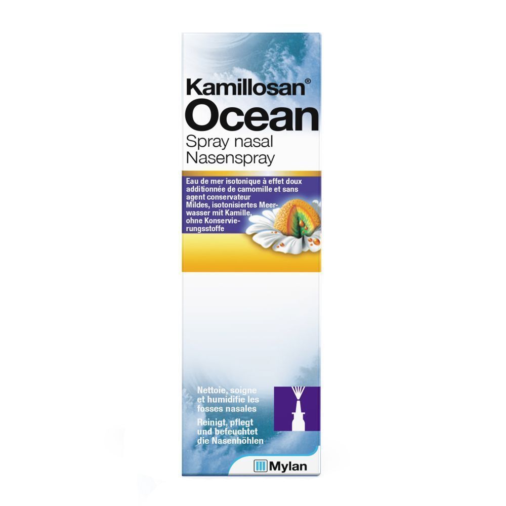Spray nasal Kamillosan Ocean. Inscription: 20 ml. Texte: Nettoie, soigne et humidifie les fosses nasales.