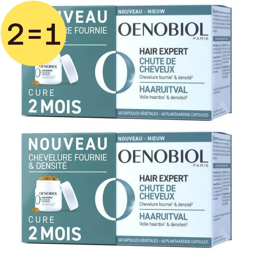 Twee dozen Oenobiol Hair Expert. Opschrift: Chute de Cheveux, Haaruital. Met 2=1 sticker.
