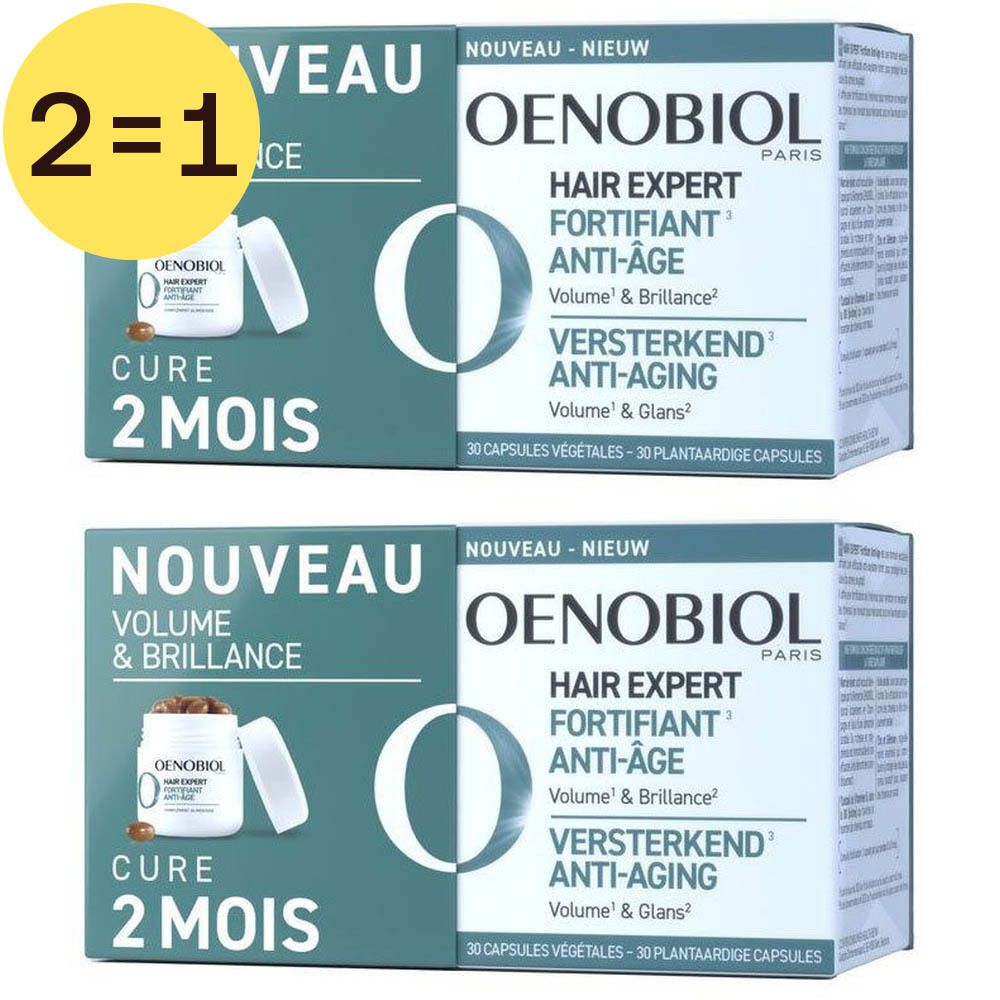 Twee dozen Oenobiol Hair Expert. Opschrift: Hair Expert Fortifiant Anti-Âge, Volume & Brillance. 2=1 aanbieding.