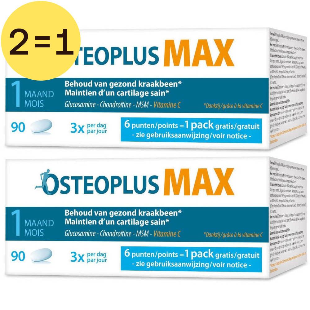 Twee dozen Osteoplus MAX. Opschrift: 2=1, 1 maand, 90 tabletten, 3x per dag. Bevat glucosamine, chondroïtine, MSM, vitamine C.