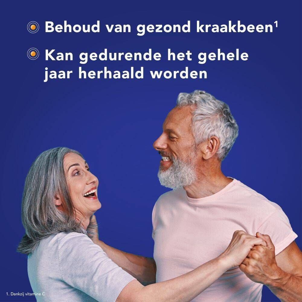 Ouder echtpaar dat danst. Tekst: Behoud van kraakbeen. Kan het hele jaar herhaald worden.
