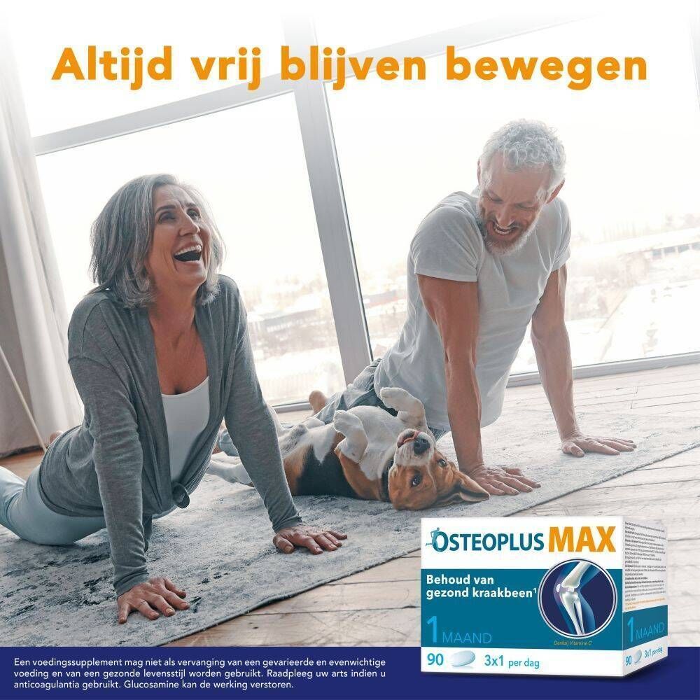 Ouder echtpaar dat traint. Osteoplus MAX verpakking. Tekst: Behoud van kraakbeen. 1 maand. 90 tabletten. 3x per dag.