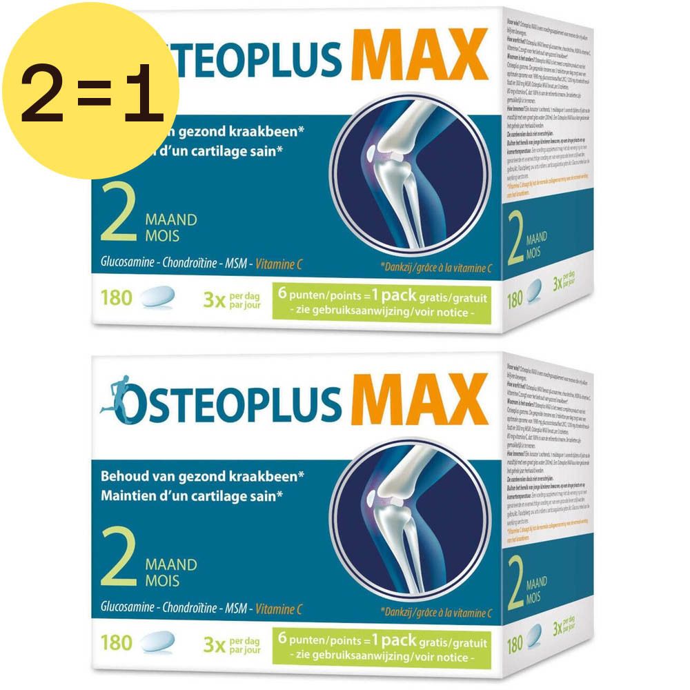 Twee dozen Osteoplus MAX. Opschrift: 2=1. 2 maanden, 180 tabletten. Bevat glucosamine, chondroïtine, MSM, vitamine C.