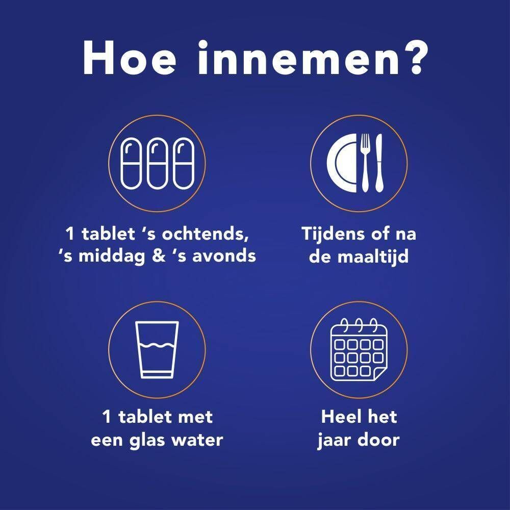 Instructies voor het innemen van Osteoplus MAX. 3 tabletten per dag, met water, tijdens of na de maaltijd, het hele jaar door.