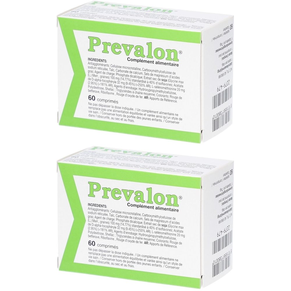 Twee witte dozen met groene rand. Opschrift "Prevalon" en "Complément alimentaire". Elke doos bevat 60 tabletten.