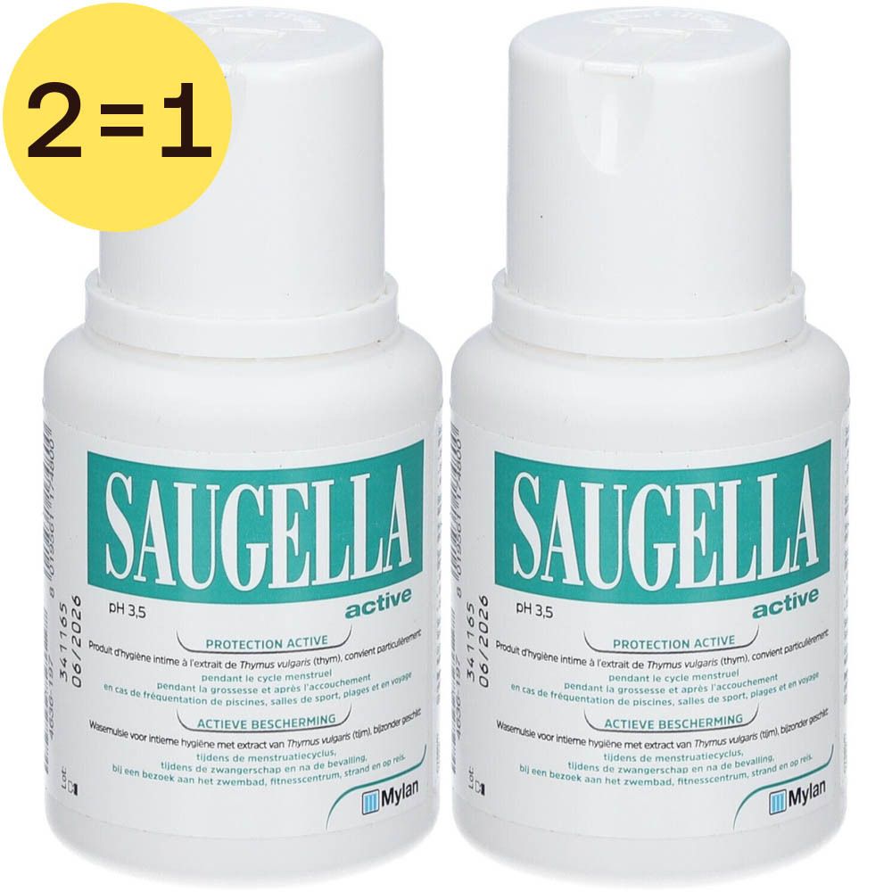 Deux flacons de Saugella Active. Flacons blancs avec texte vert. Inscription: Saugella Active, pH 3.5. Autocollant jaune: 2=1.
