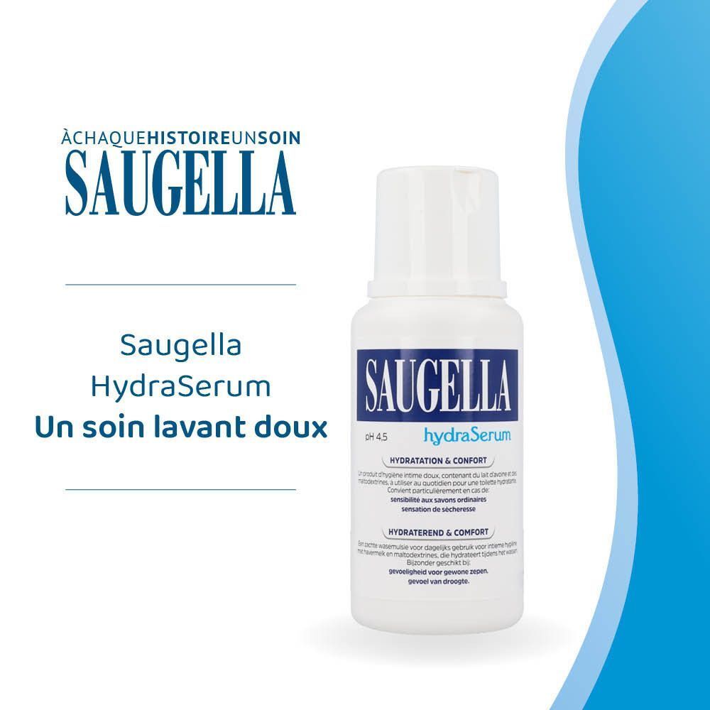 Flacon Saugella HydraSerum. Blanc, étiquette bleue. Texte: HydraSerum, pH 4.5. Fond: design bleu.