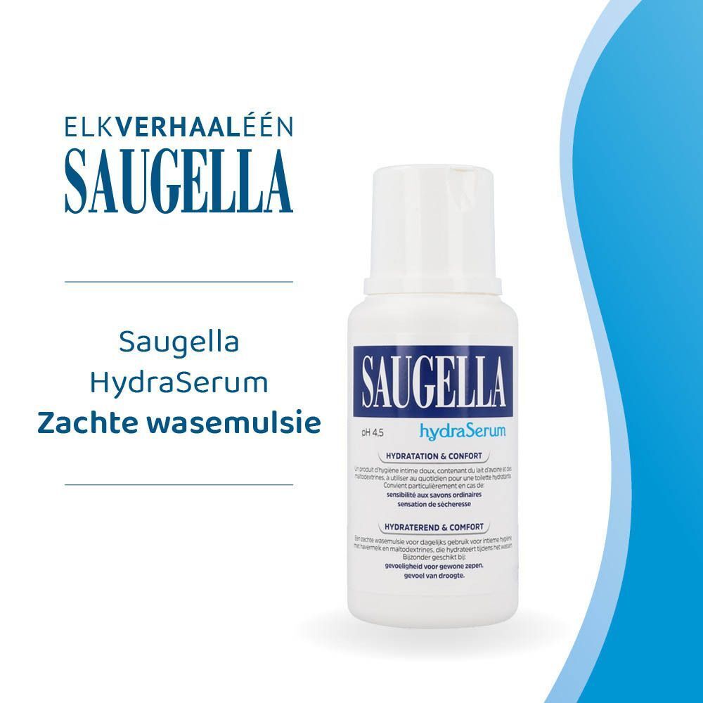 Saugella HydraSerum fles. Wit, blauw etiket. Tekst: HydraSerum, pH 4.5. Achtergrond: blauw design.