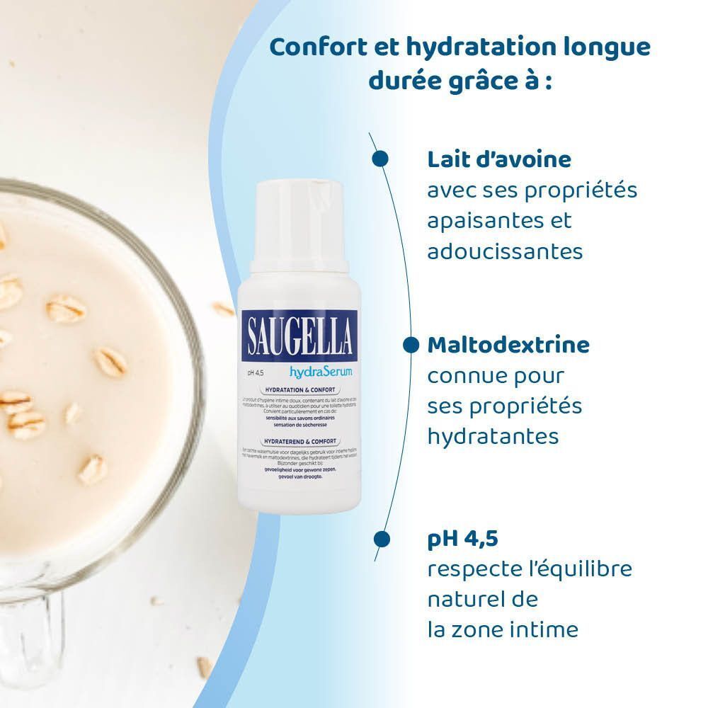 Flacon Saugella HydraSerum à côté d'une tasse. Texte: Lait d'avoine, Maltodextrine, pH 4,5.