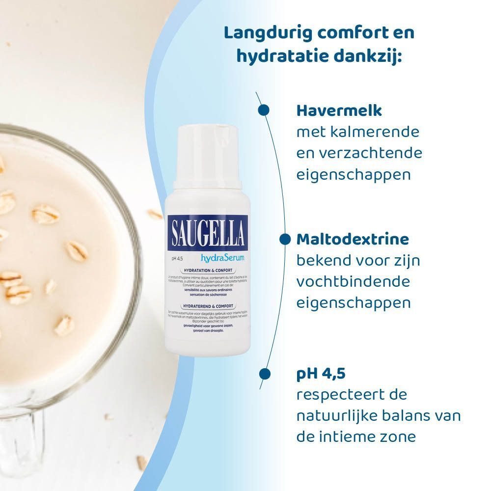 Saugella HydraSerum fles naast een kopje. Tekst: Havermelk, Maltodextrine, pH 4,5.