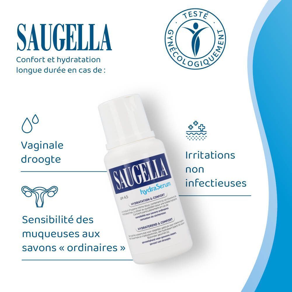 Flacon Saugella HydraSerum. Texte: Sécheresse vaginale, irritations, sensibilité des muqueuses.