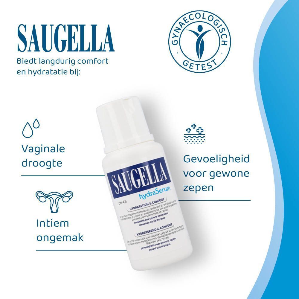 Saugella HydraSerum fles. Tekst: Vaginale droogte, irritaties, gevoeligheid van slijmvliezen.