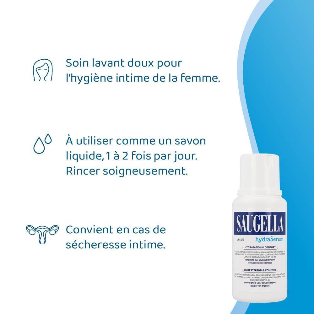 Flacon Saugella HydraSerum. Texte: Soin lavant doux, 1-2 fois par jour, convient en cas de sécheresse intime.