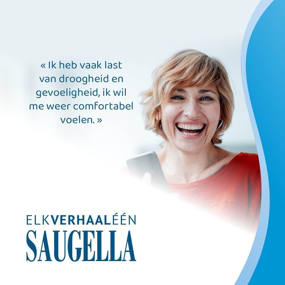 Lachende vrouw met smartphone. Tekst: Ik wil me weer comfortabel voelen. Saugella logo.