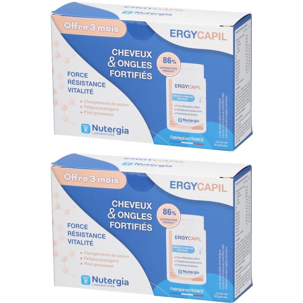 Twee dozen Ergycapil TRIO. Opschrift: Haar & Nagels, Kracht, Weerstand, Vitaliteit. Merk Nutergia. Bevat capsules.