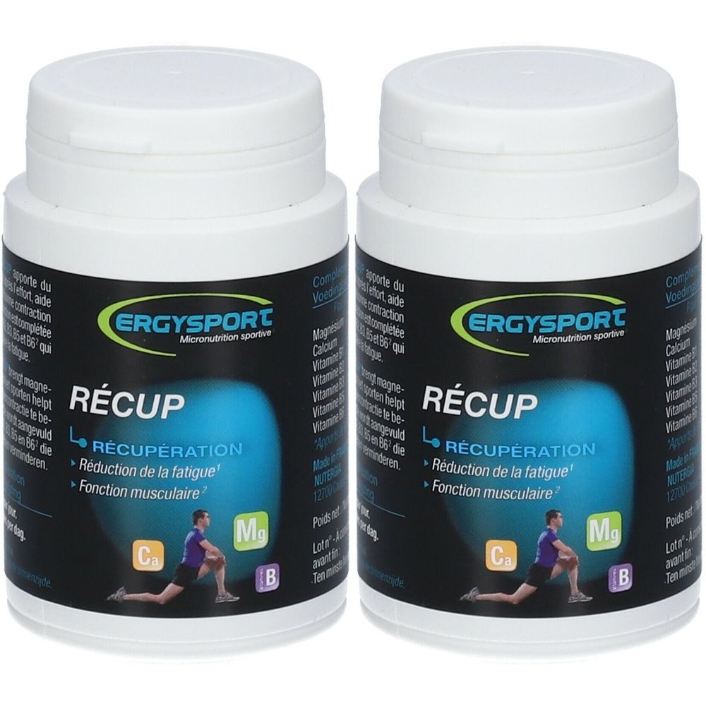 Twee witte flessen Ergysport Recup, blauwe etiketten. Opschrift: Récup, Récupération, Vermindering van vermoeidheid, Spierfunctie.