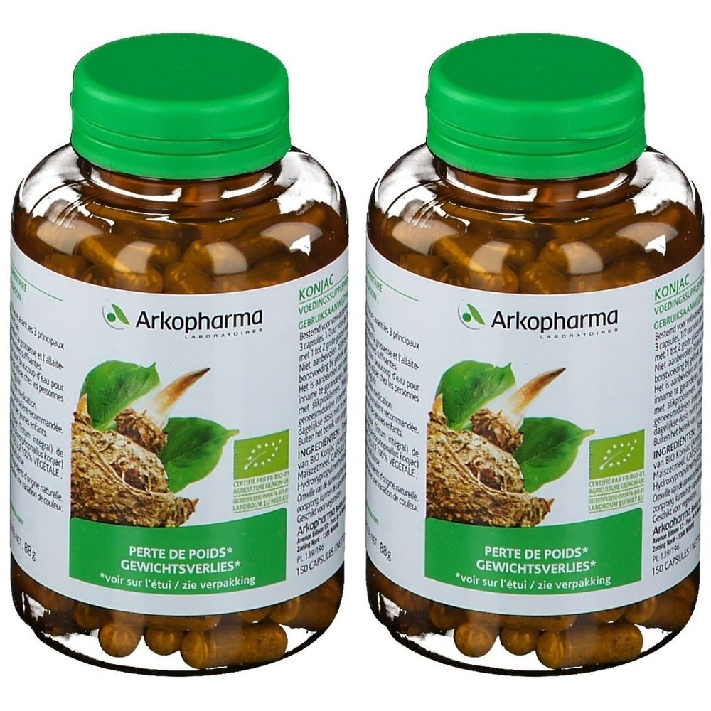 Twee glazen flessen met bruine capsules en groene dop. Labels met tekst en bio-logo. Merk Arkopharma.