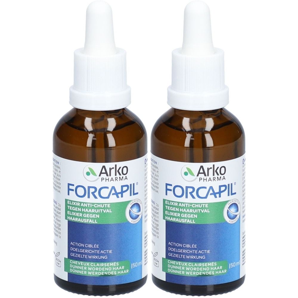 Twee flessen met druppelaar. Bruine glazen flessen met wit etiket. Opschrift: Forcapil, Elixir Anti-chute.