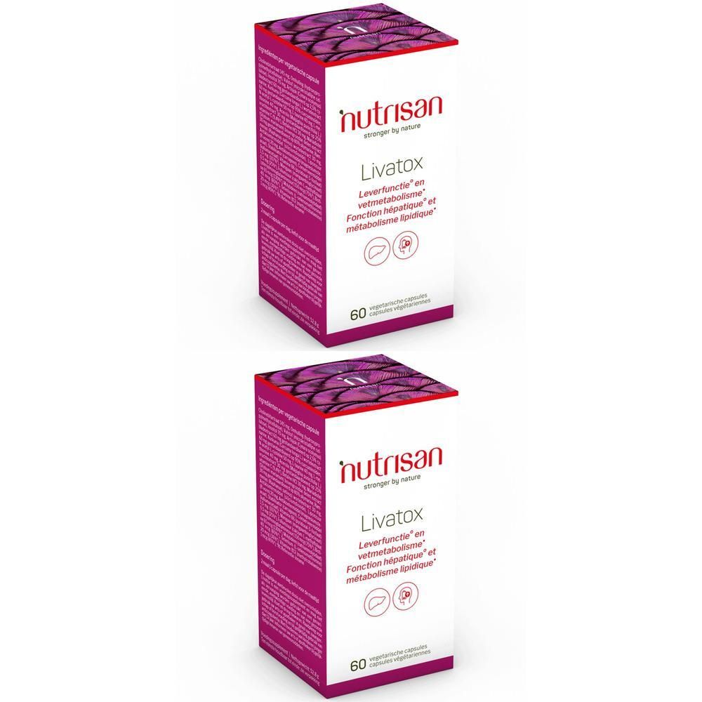 Twee dozen Nutrisan Livatox. Opschrift: Leverfunctie, metabolisme. 60 vegetarische capsules. Merk Nutrisan.