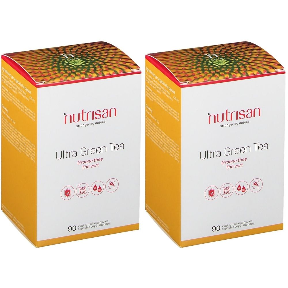 Deux boîtes jaunes "Nutrisan Ultra Green Tea". Inscription "90 capsules".