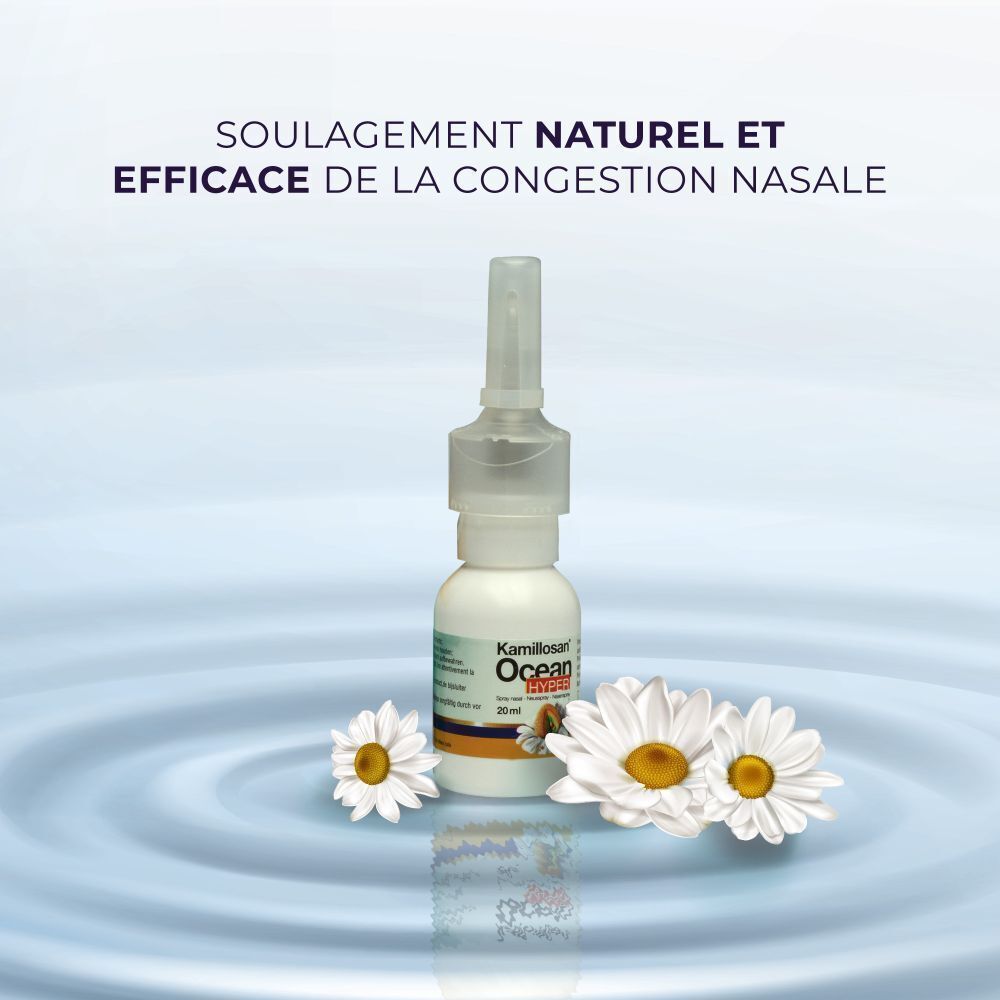 Flacon de spray nasal avec fleurs de camomille. Texte: Soulaegement naturel et efficace de la congestion nasale.